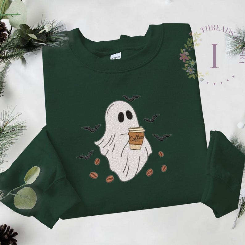 Halloween Ghost Coffee Embroidered Crewneck, Spooky Bat Coffee Bean Sweatshirt, Fall Gothic Apparel, Halloween Casual Pullover Sweater EM1709S