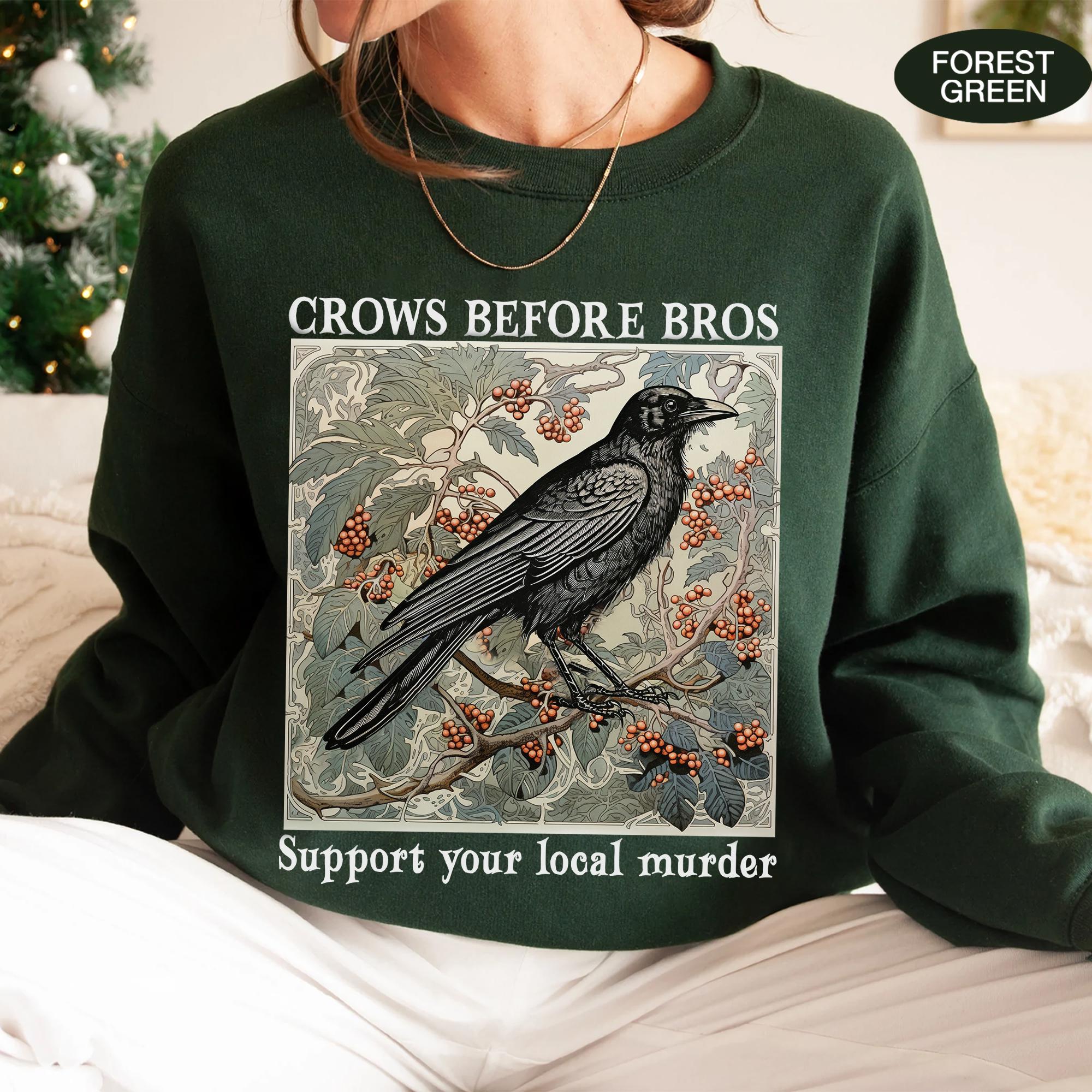 Funny Crows Before Bros Vintage Crow Shirt, Vintage Raven Shirt, Goblincore Witchy Shirt, Women Halloween Crewneck, Dark Academia Clothing TD2308 15