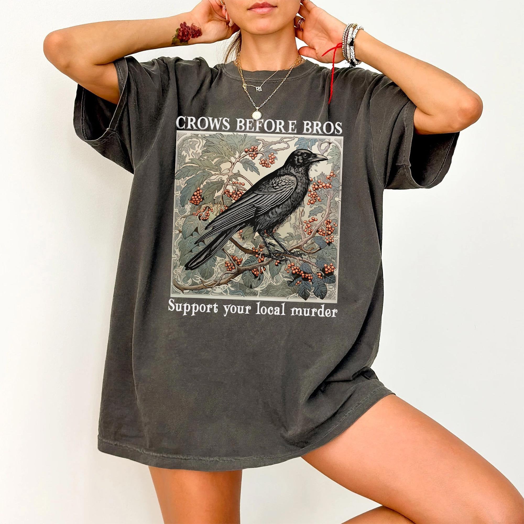 Funny Crows Before Bros Vintage Crow Shirt, Vintage Raven Shirt, Goblincore Witchy Shirt, Women Halloween Crewneck, Dark Academia Clothing TD2308 15