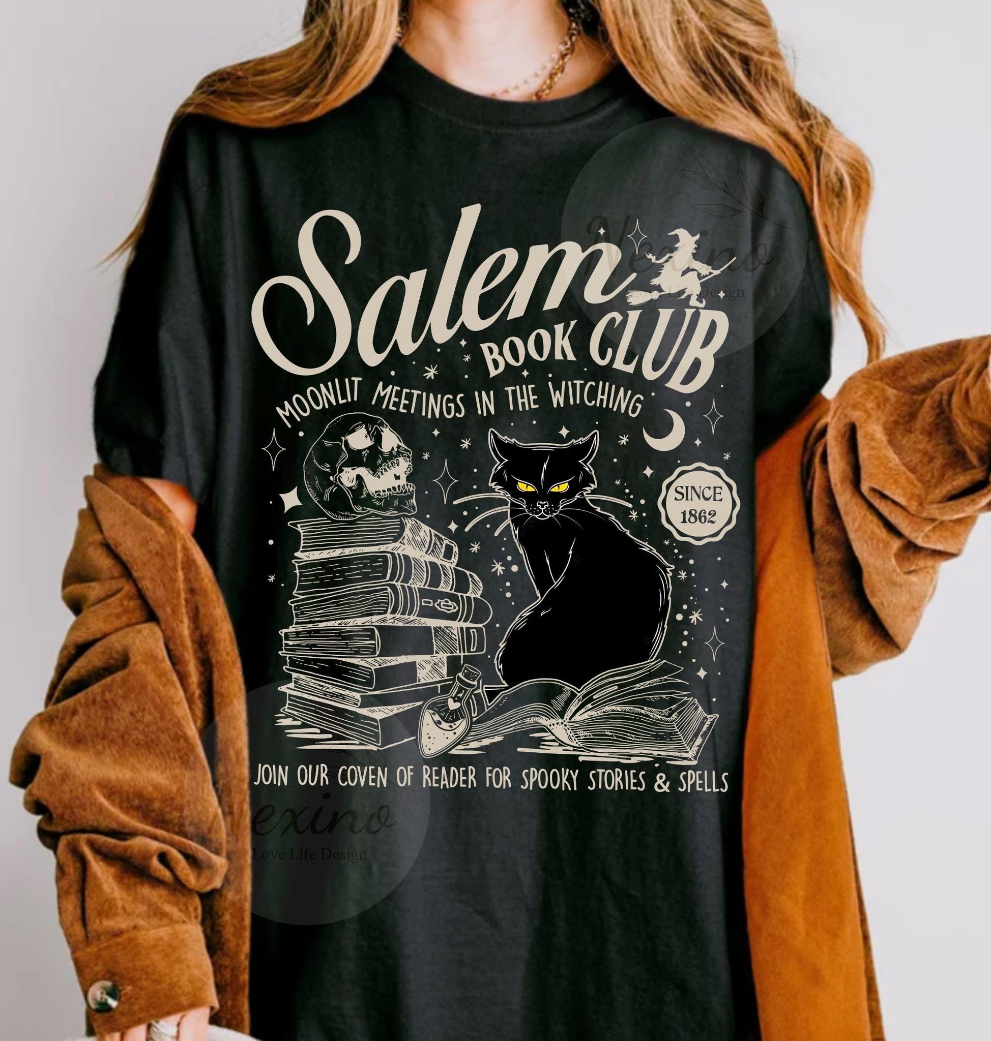 Salem Book Club Shirt, Bookish Halloween Shirt, SBlack Cat Spooky Book Lover Shirt, Salem Witches Shirt, Spooky Season Thriller Reader TD2308 17