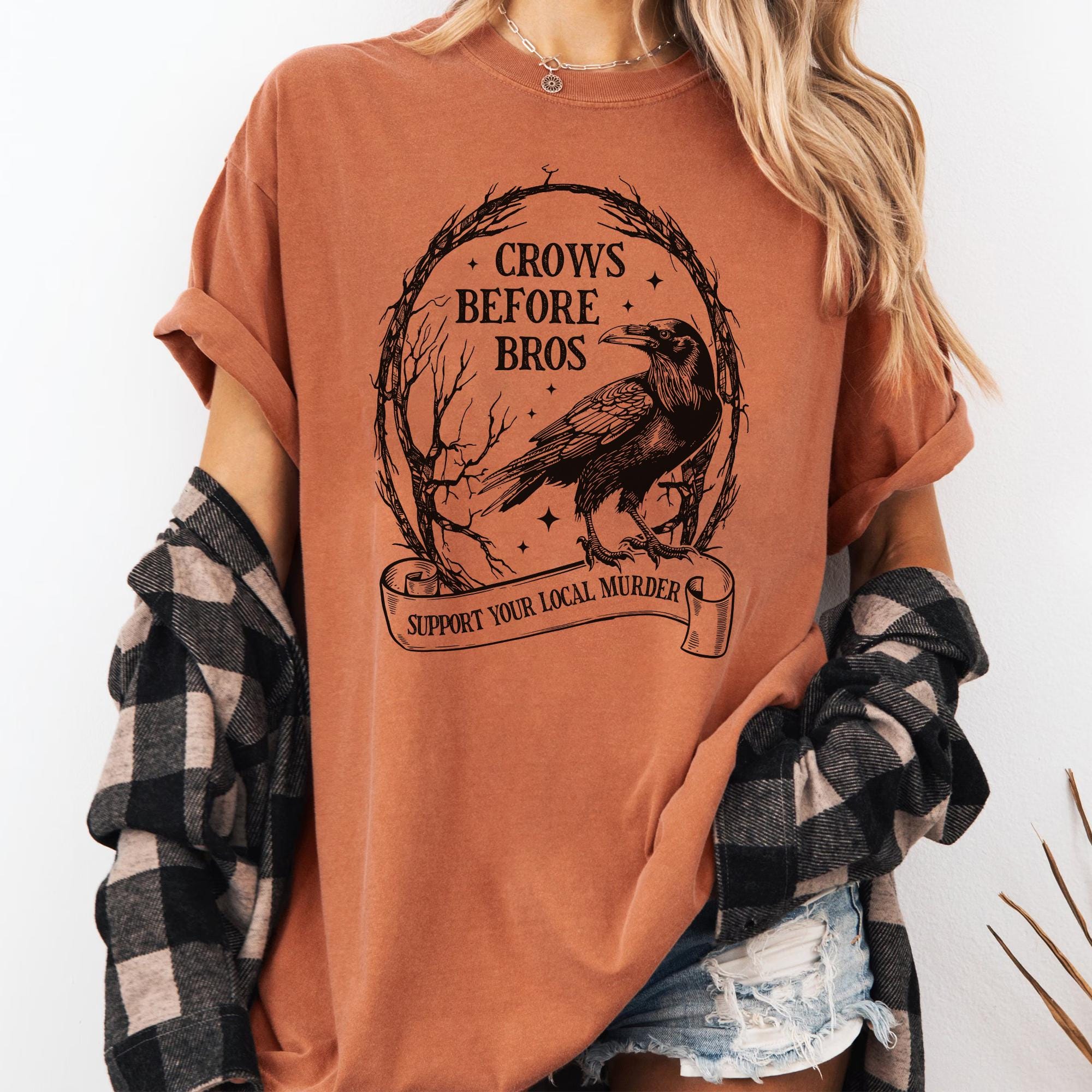 Crows Before Bros Shirt, Funny Halloween Sweatshirt, Vintage Crow Crewneck, Dark Academia Clothing, Women Halloween  Shirt TD2308 21