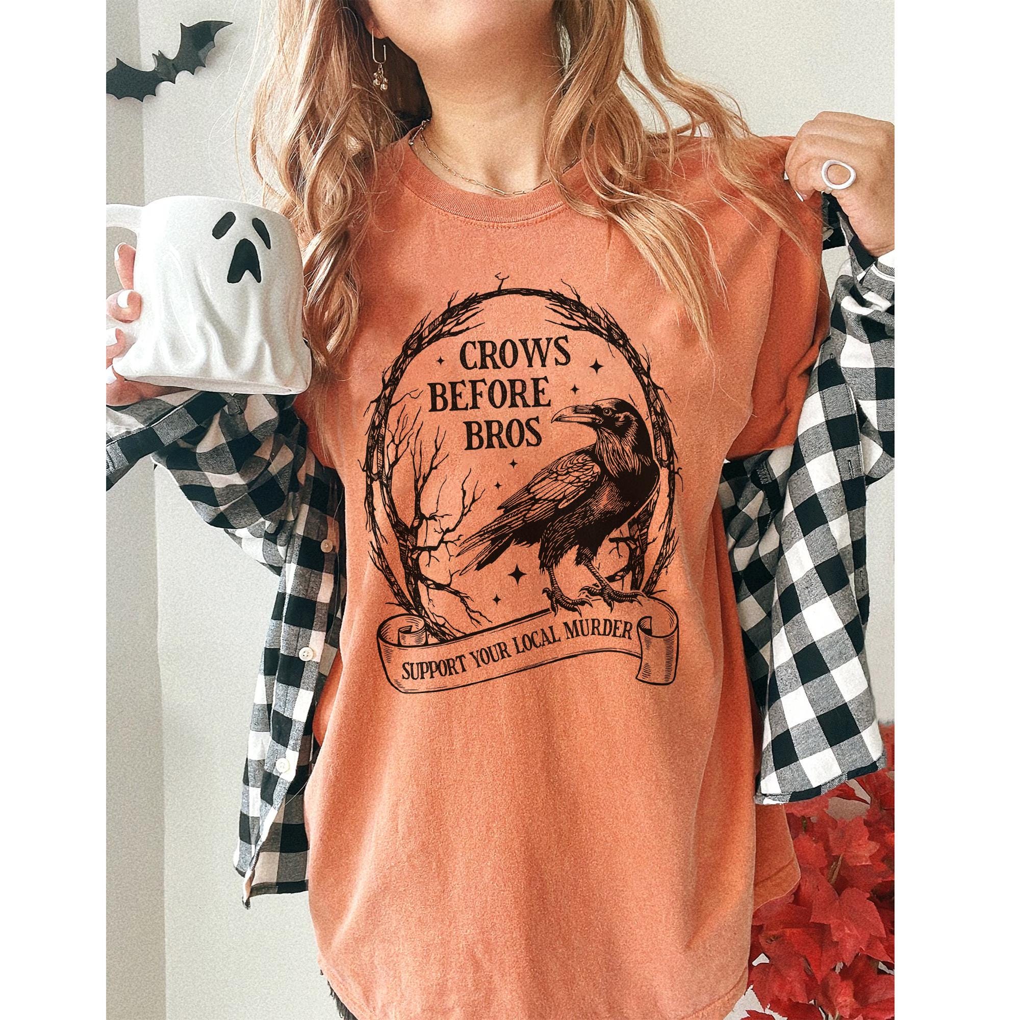 Crows Before Bros Shirt, Funny Halloween Sweatshirt, Vintage Crow Crewneck, Dark Academia Clothing, Women Halloween  Shirt TD2308 21