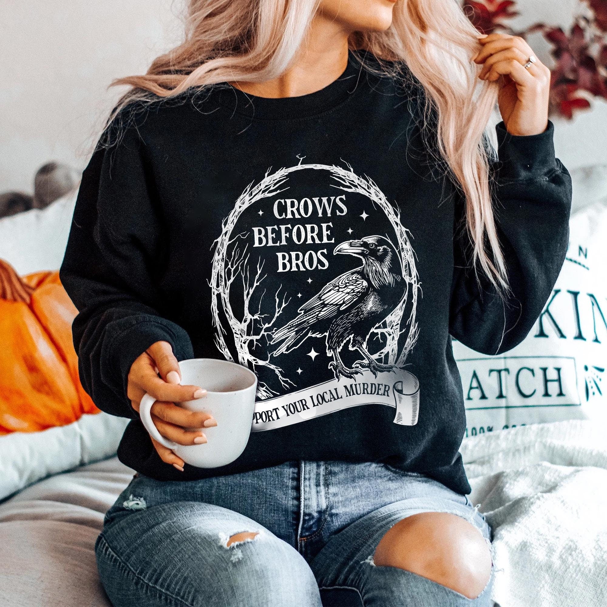 Crows Before Bros Shirt, Funny Halloween Sweatshirt, Vintage Crow Crewneck, Dark Academia Clothing, Women Halloween  Shirt TD2308 21