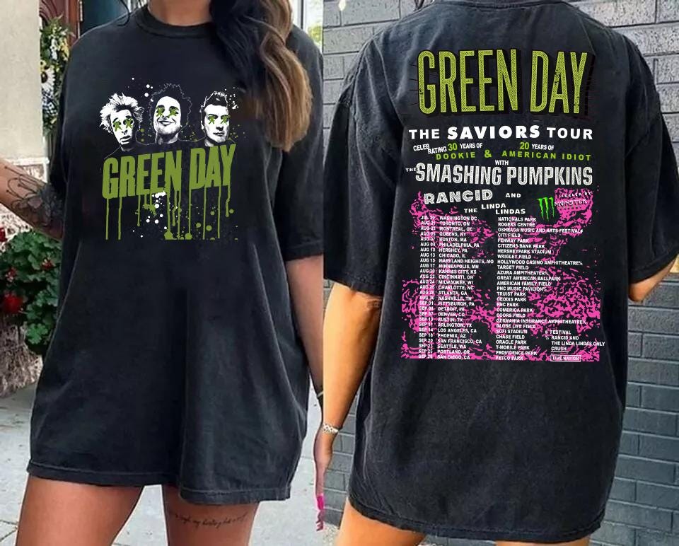 Green Day The Saviors Smashing Pumpkins 2024 Tour Concert 2 Side T-Shirt Black, Green Day The Saviors Concert T-Shirt, Green Day Tour 2024 TD0409 04