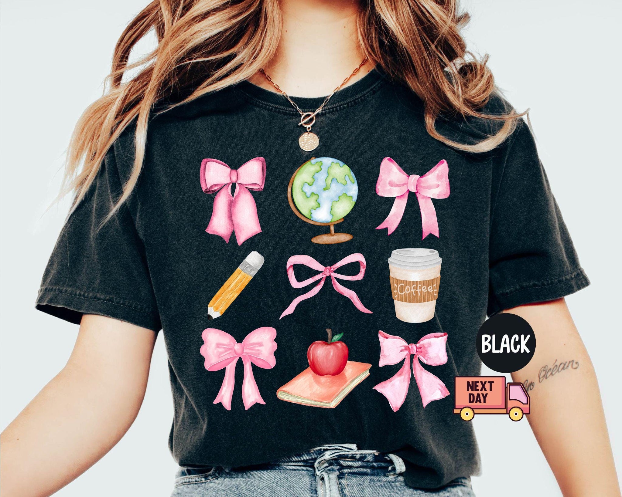 s®Custom Teacher T-Shirt with Pink Bows Coquette Crewneck Back to School Shirt,Mrs. Teacher Appreciation, Gift Preppy Teach Tee TD2308 09