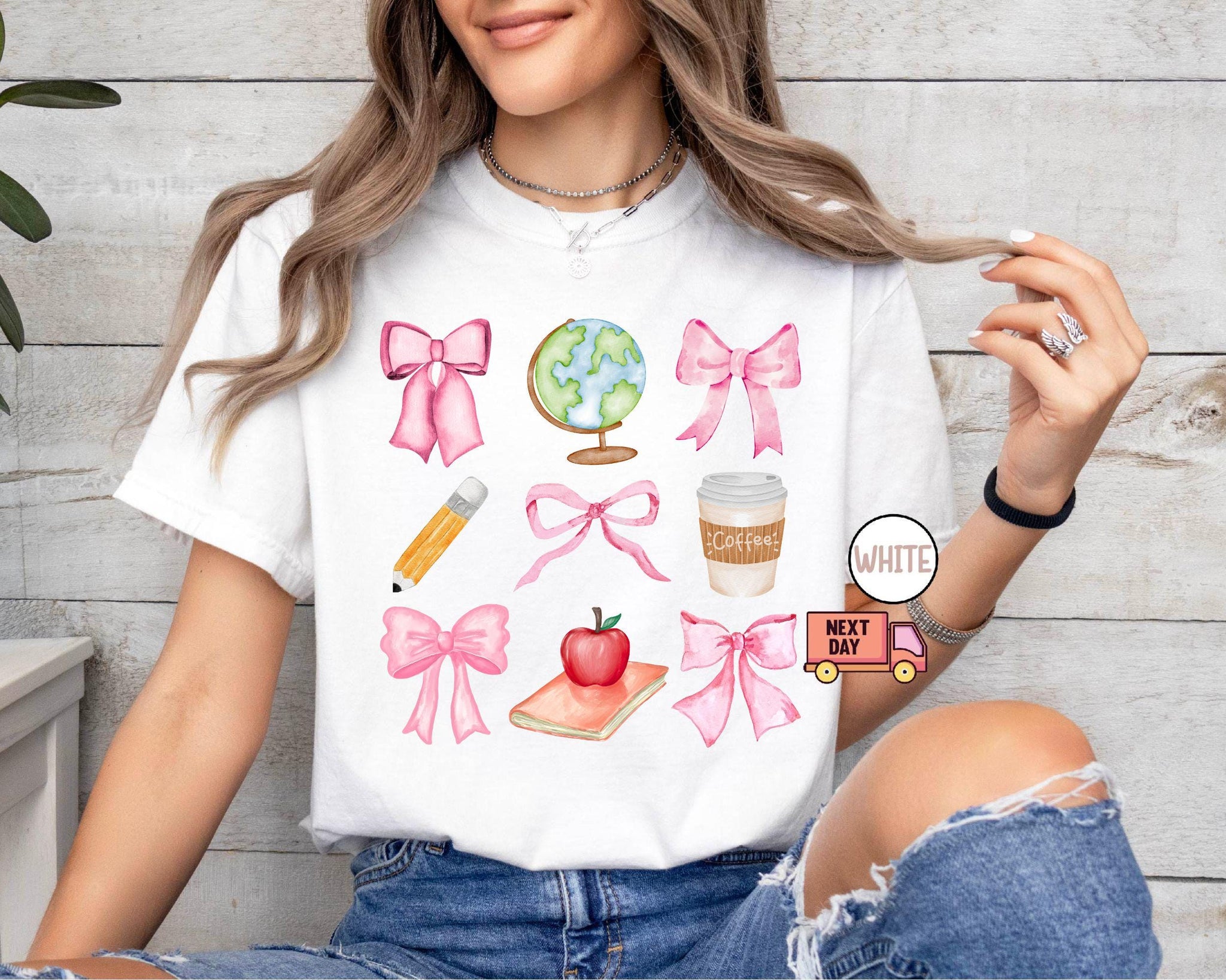 s®Custom Teacher T-Shirt with Pink Bows Coquette Crewneck Back to School Shirt,Mrs. Teacher Appreciation, Gift Preppy Teach Tee TD2308 09