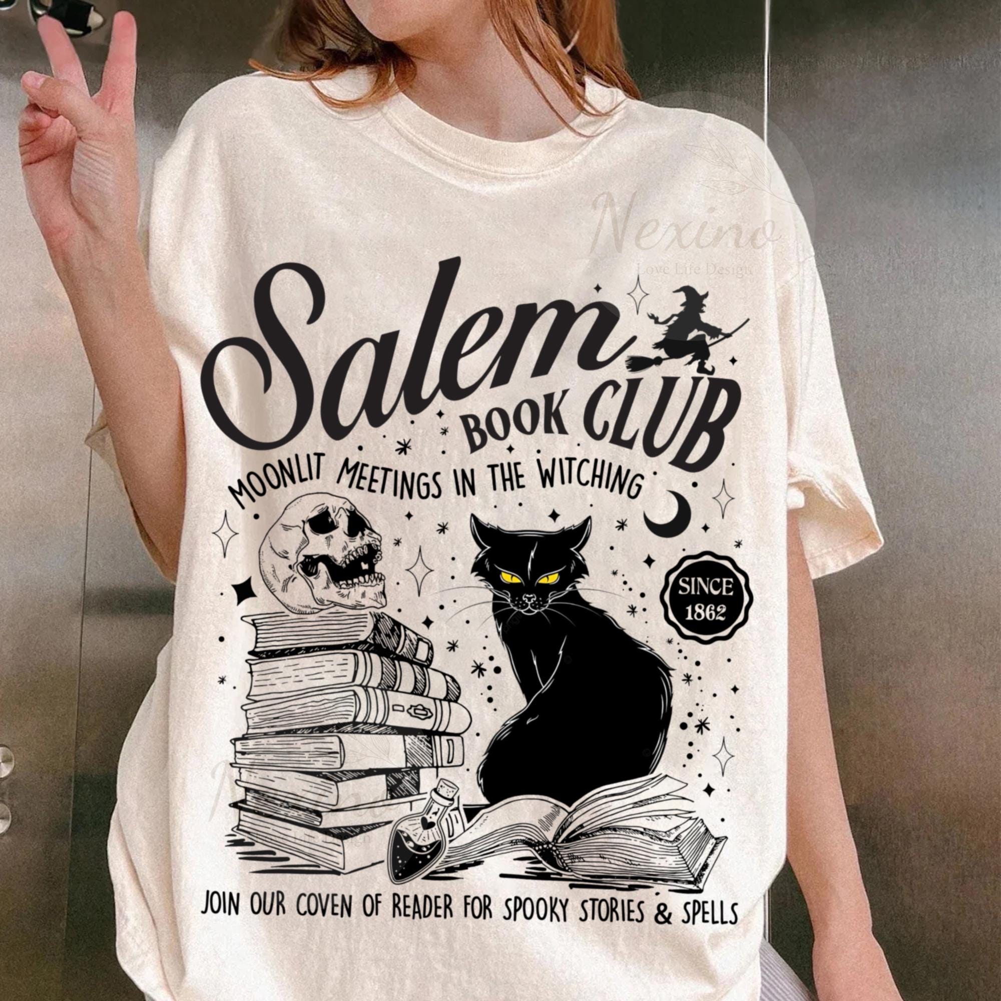 Salem Book Club Shirt, Bookish Halloween Shirt, SBlack Cat Spooky Book Lover Shirt, Salem Witches Shirt, Spooky Season Thriller Reader TD2308 17