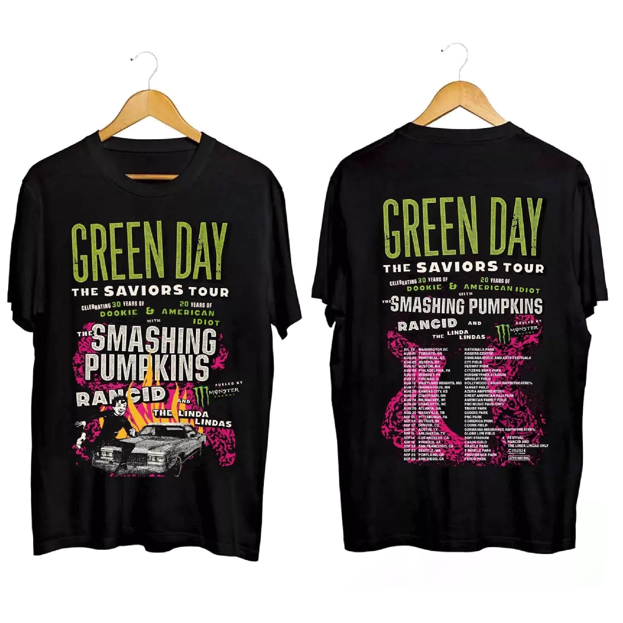 Green Day The Saviors Smashing Pumpkins 2024 Tour Concert 2 Side T-Shirt Black || Green Day The Saviors Concert T-Shirt MS2008 05