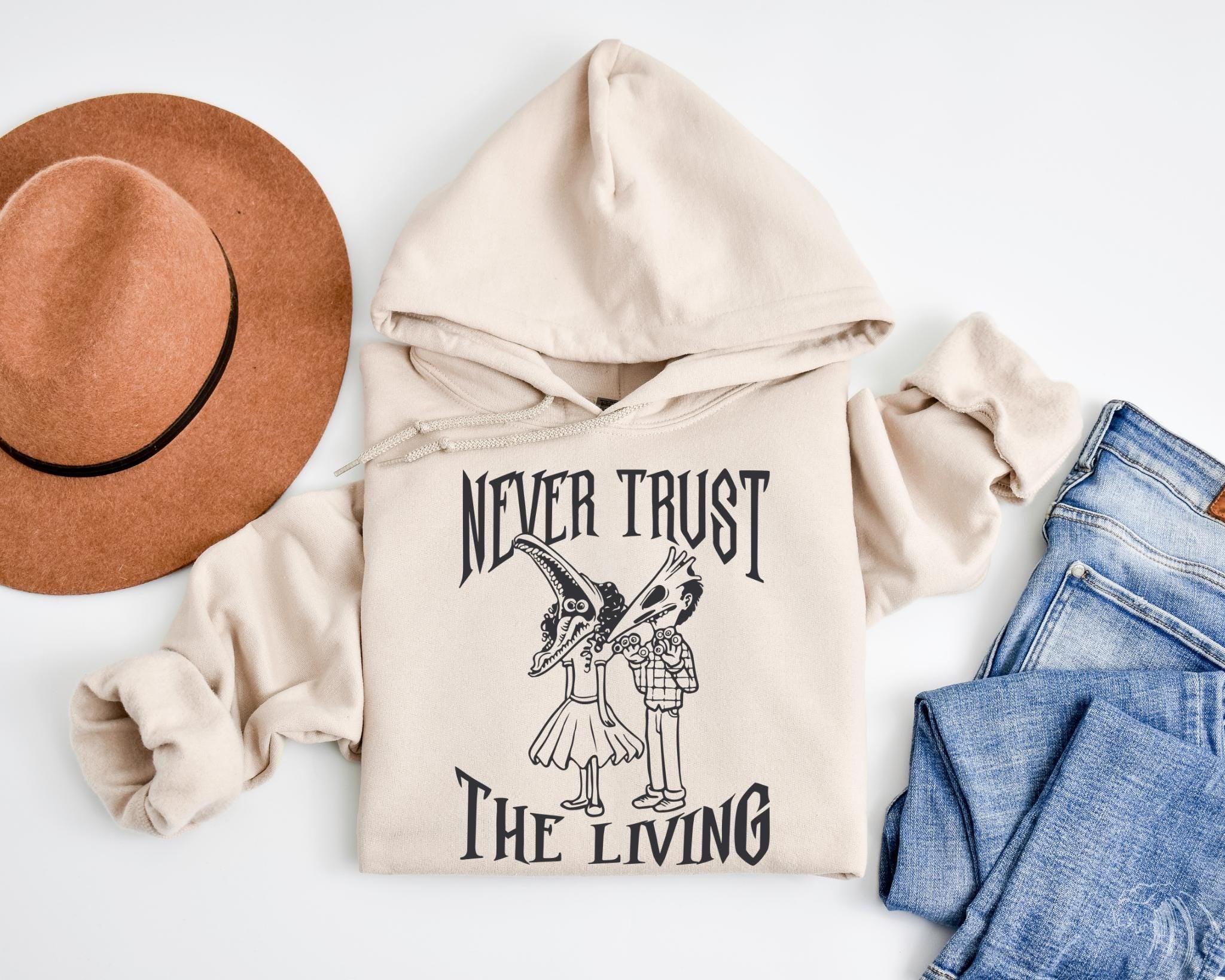 Never Trust The Living T-shirt, Beetlejuice Sweatshirt, Horror Halloween films T-shirt, Humorous Halloween Shirt Gifts, A0501 HWN2008 13