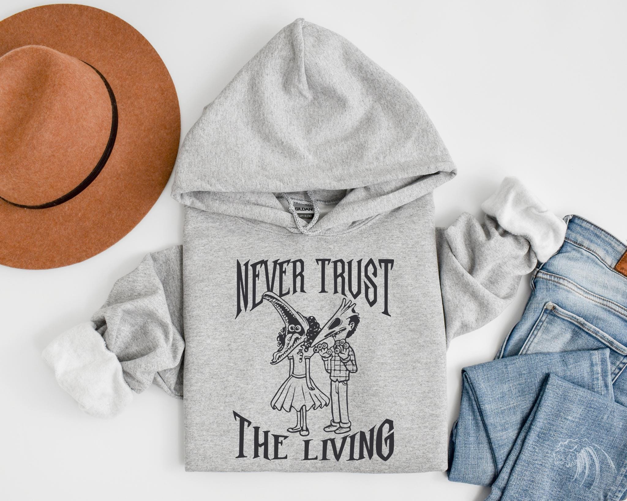 Never Trust The Living T-shirt, Beetlejuice Sweatshirt, Horror Halloween films T-shirt, Humorous Halloween Shirt Gifts, A0501 HWN2008 13