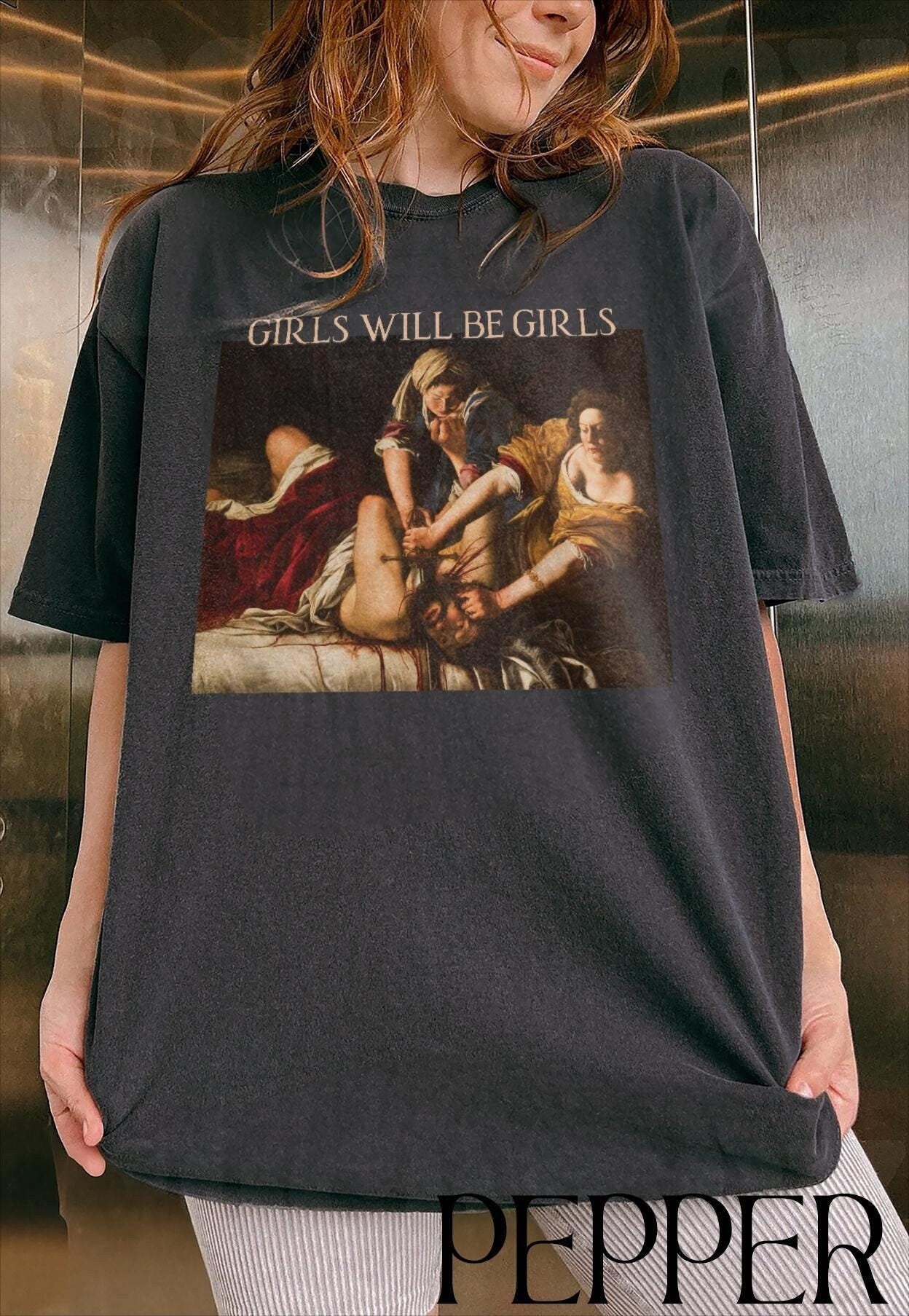 Girls Will Be Girls Boxy Shirt, Judith beheading Holofernes Crop Tee, Unhinged Feminist, Girl Power, Burn the Patriarchy,Girls Will Be Girls TD3008 03