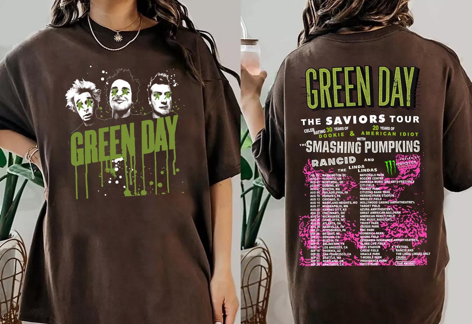 Green Day The Saviors Smashing Pumpkins 2024 Tour Concert 2 Side T-Shirt Black, Green Day The Saviors Concert T-Shirt, Green Day Tour 2024 TD0409 04
