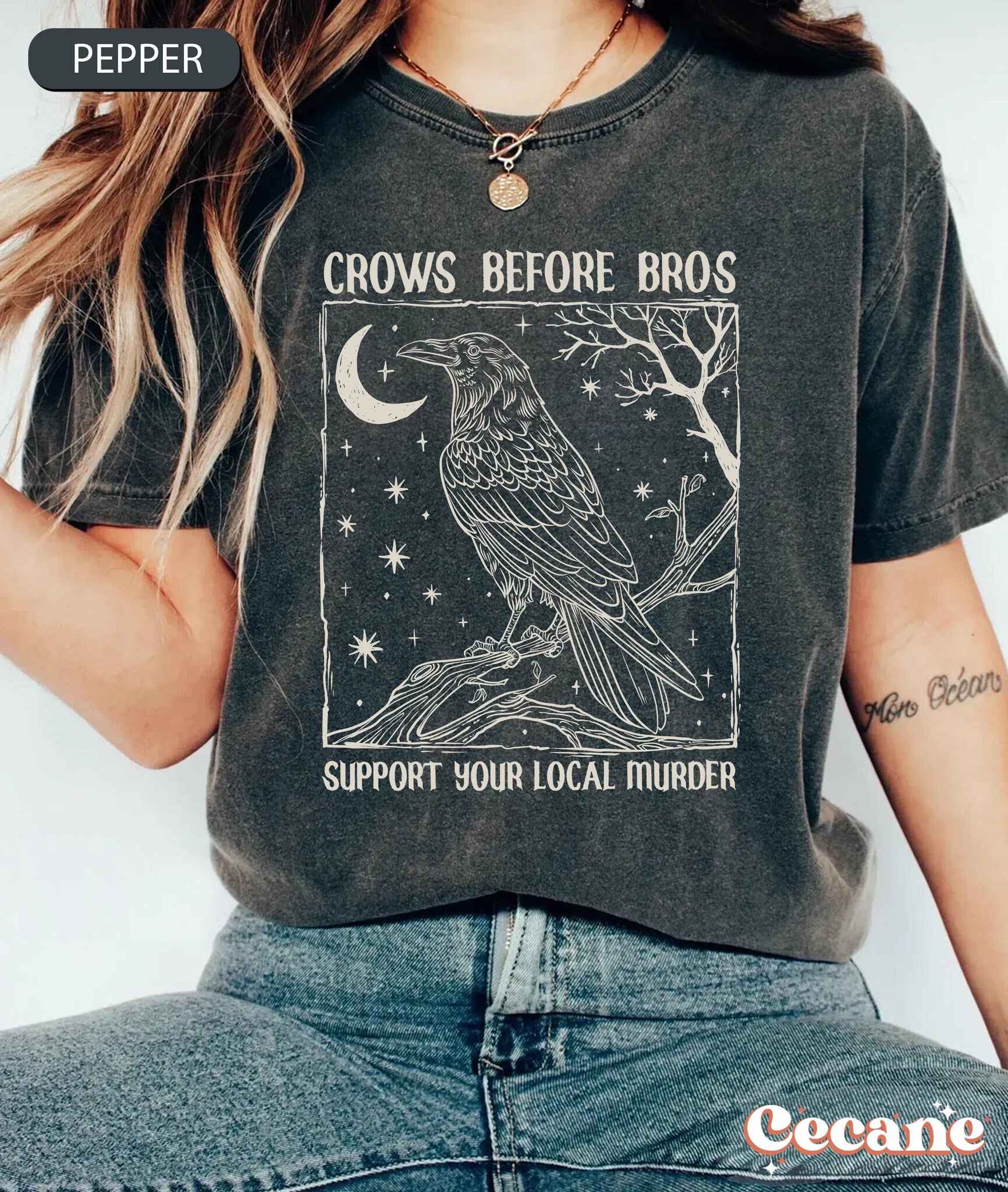 Funny Crows Before Bros Shirt, Support Your Local Murder T-shirt, Vintage Raven Shirt, Feminist Women Shirt Dark Academia Trendy Graphic Tee TD2308 01