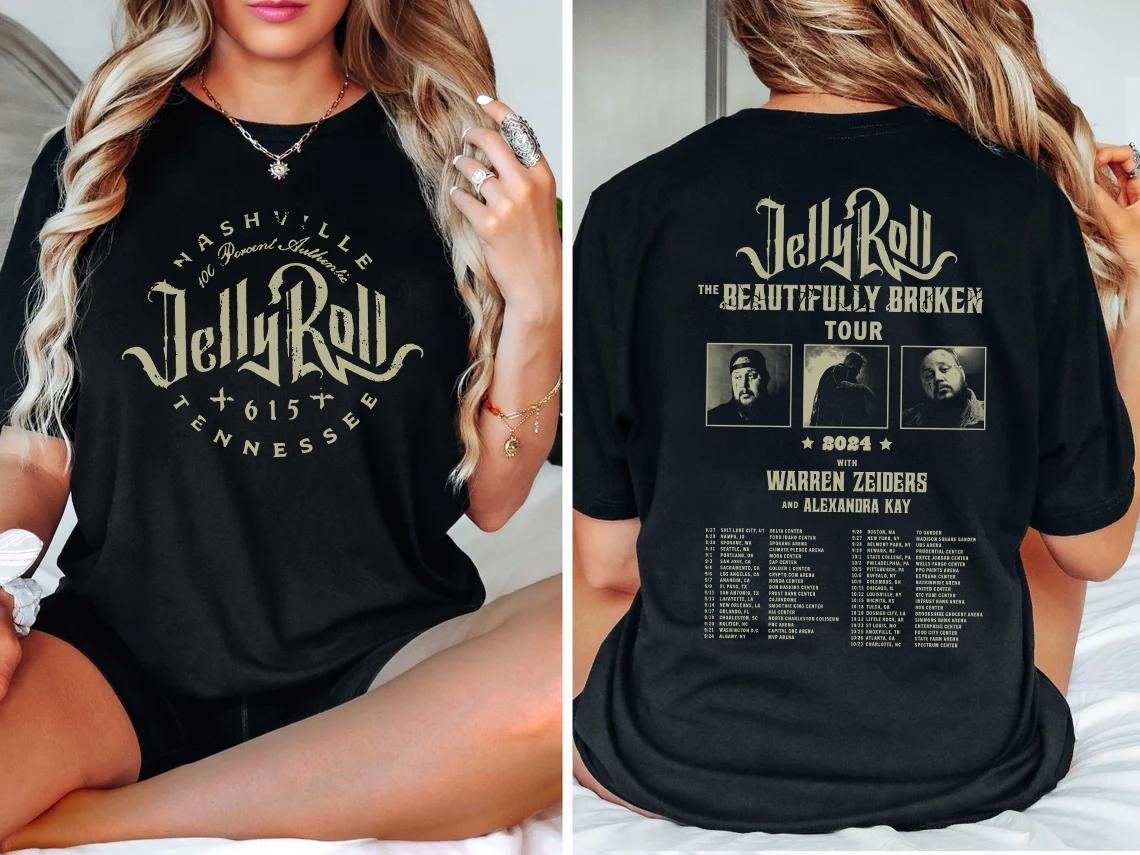 Jelly Roll The Beautifully Broken Tour 2024 2 side Shirt,Jelly Roll 2024 Concert Tee,Jelly Roll Shirt, Country Music Shirt, Gift For Fan Tee TD1709
