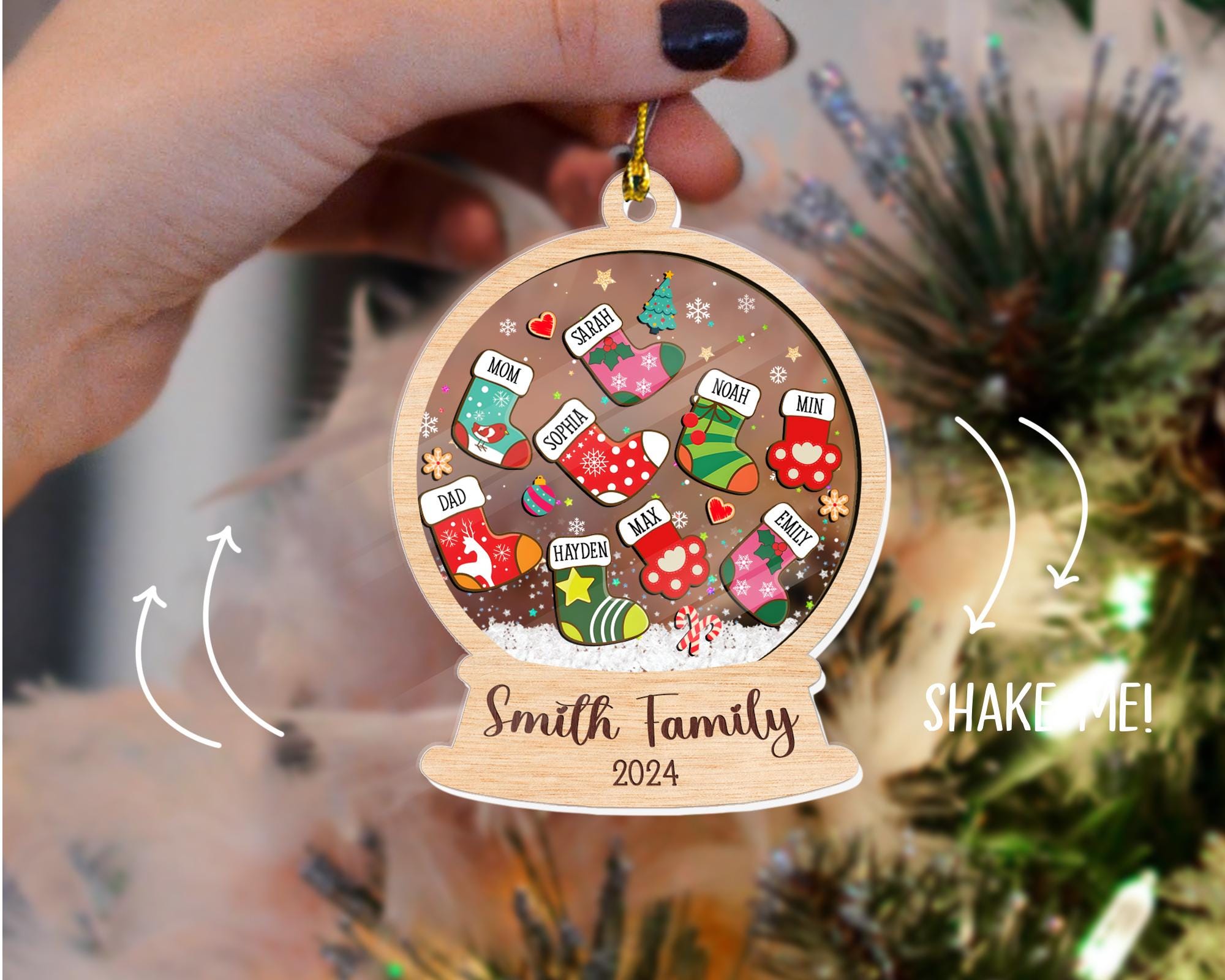 Custom Stocking Family Shaker Ornament, Personalized Family Christmas Ornament 2024, 4D Shaker Ornament, Family and Pet Ornament Keepsake ORN0810