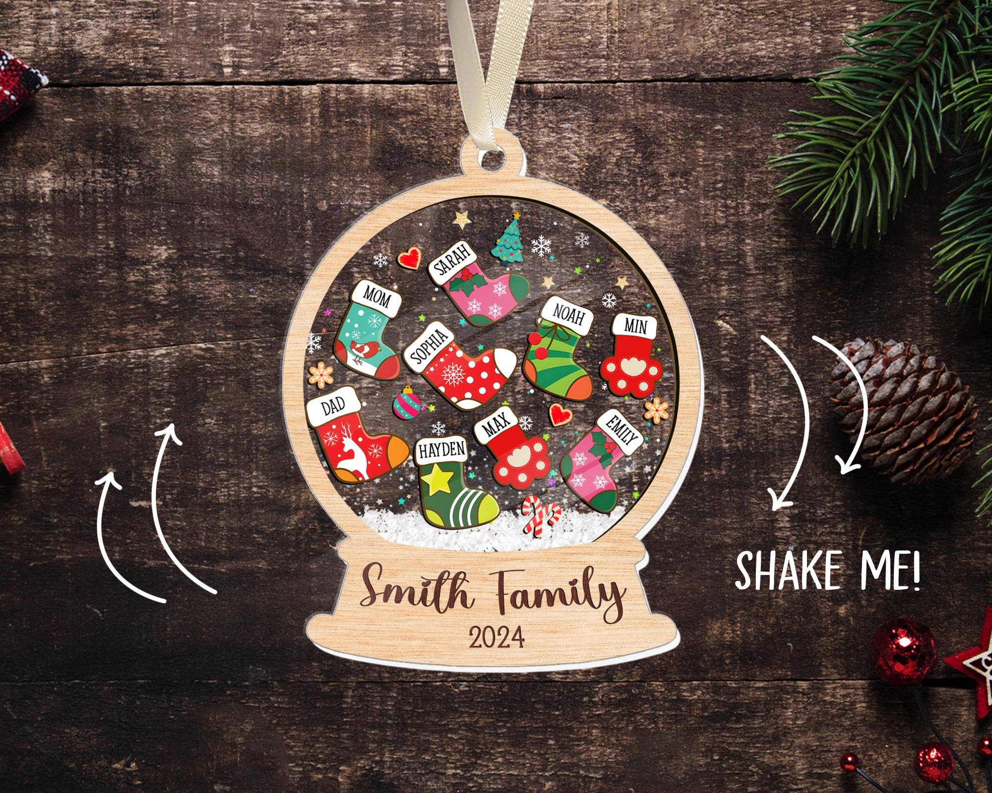 Custom Stocking Family Shaker Ornament, Personalized Family Christmas Ornament 2024, 4D Shaker Ornament, Family and Pet Ornament Keepsake ORN0810