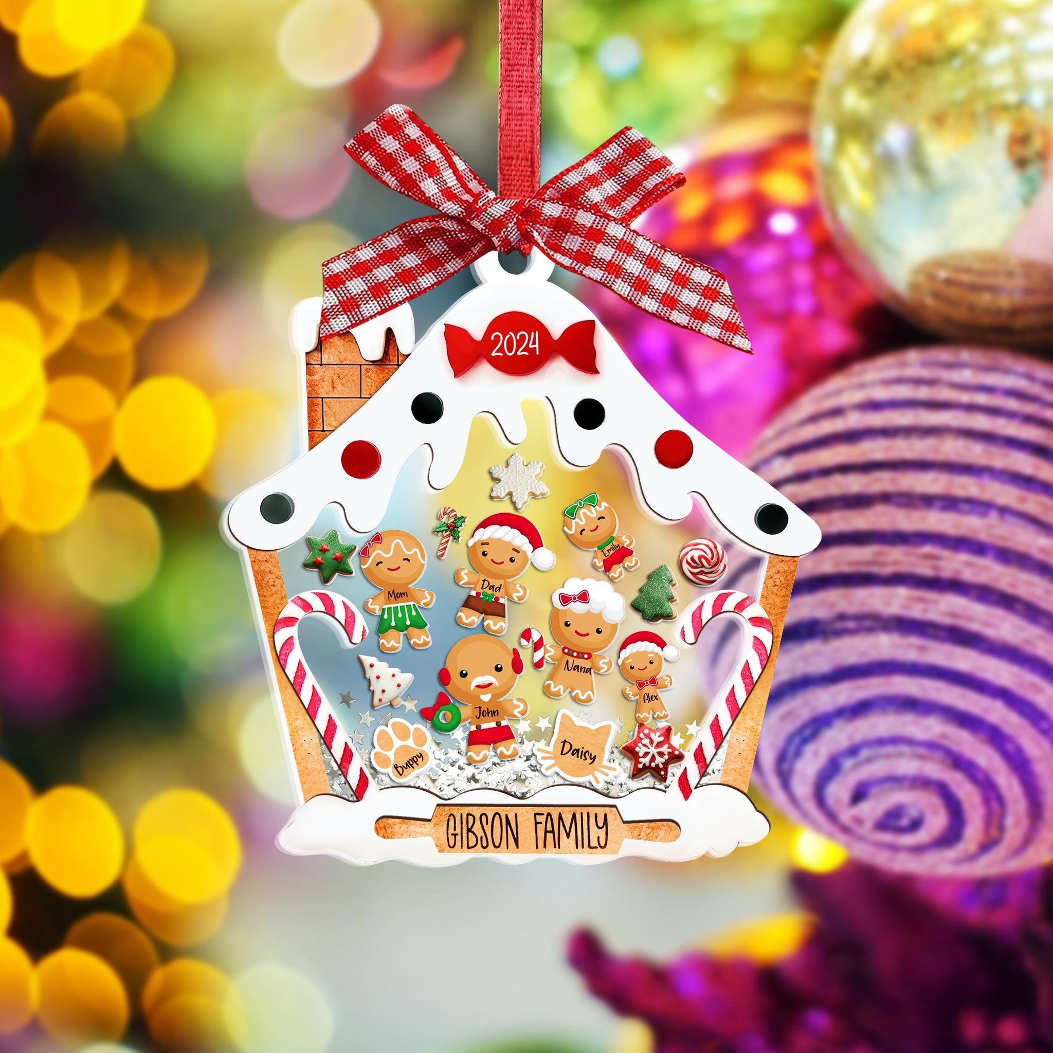 Personalized Gingerbread Family Christmas Ornament With Pets | Custom Family Ornament 2024 | 4D Family Shake Ornament | Family Name Ornament ORN0810