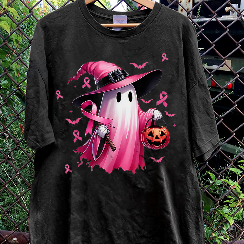 In October We Wear Pink Ghost Shirt, Halloween Tee, Pink Ribbon Shirt, Breast Cancer Awareness Shirt, Retro Cancer Survivor T-Shirt