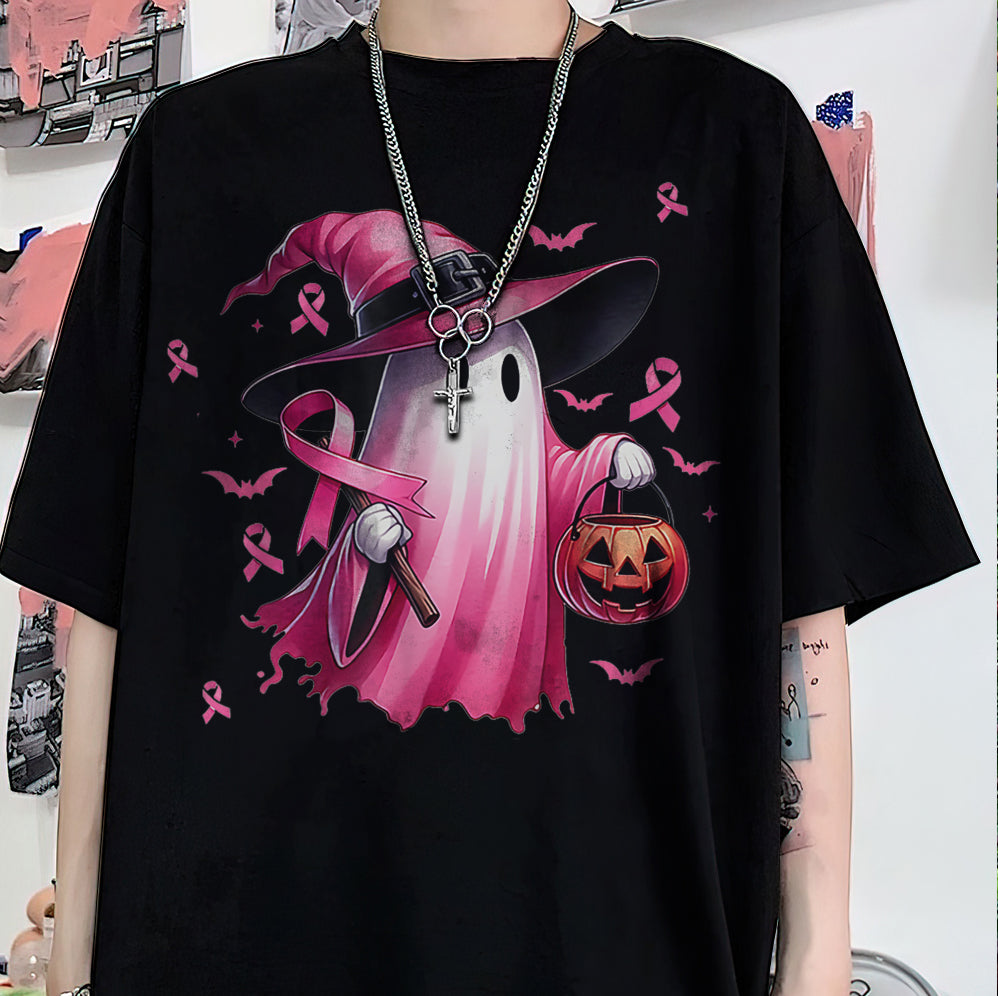 In October We Wear Pink Ghost Shirt, Halloween Tee, Pink Ribbon Shirt, Breast Cancer Awareness Shirt, Retro Cancer Survivor T-Shirt