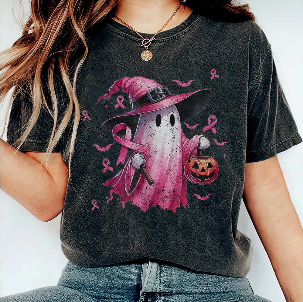 In October We Wear Pink Ghost Shirt, Halloween Tee, Pink Ribbon Shirt, Breast Cancer Awareness Shirt, Retro Cancer Survivor T-Shirt