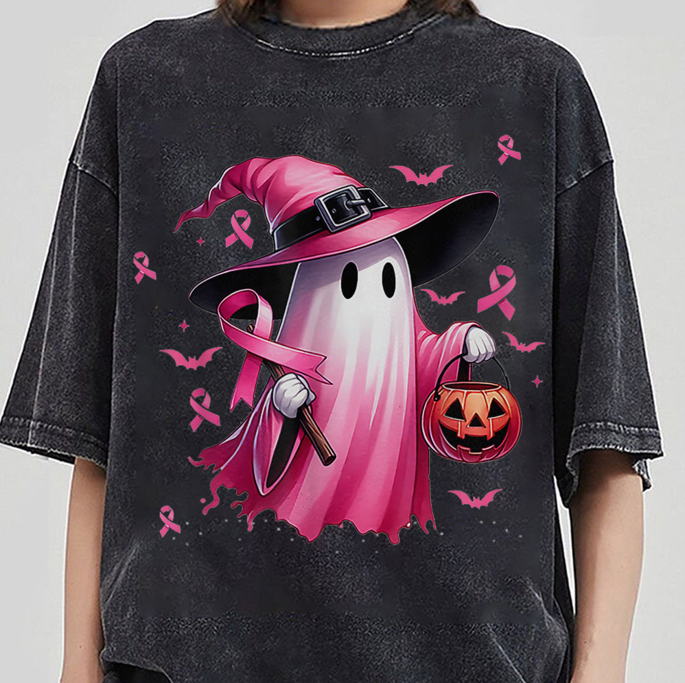 In October We Wear Pink Ghost Shirt, Halloween Tee, Pink Ribbon Shirt, Breast Cancer Awareness Shirt, Retro Cancer Survivor T-Shirt