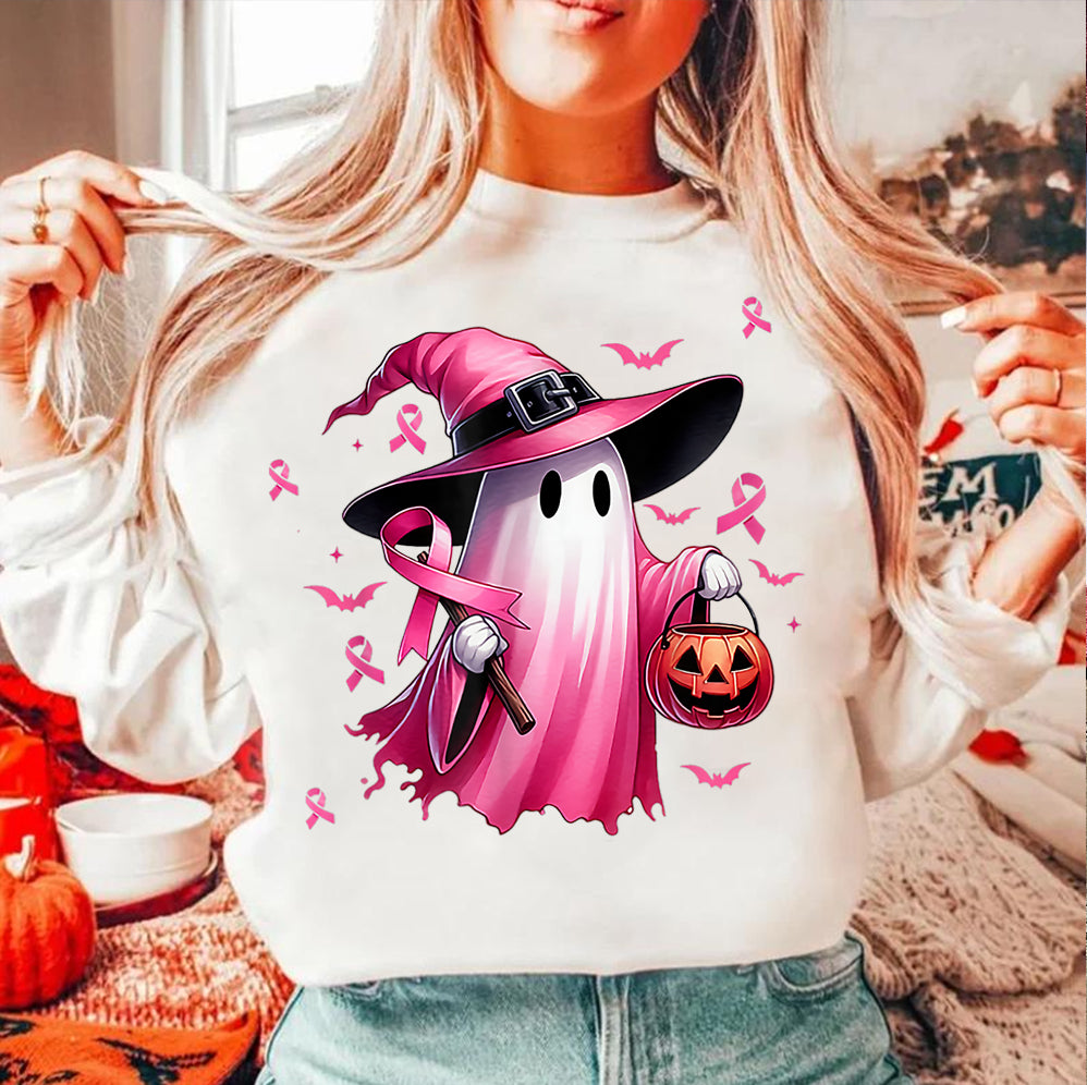 In October We Wear Pink Ghost Shirt, Halloween Tee, Pink Ribbon Shirt, Breast Cancer Awareness Shirt, Retro Cancer Survivor T-Shirt