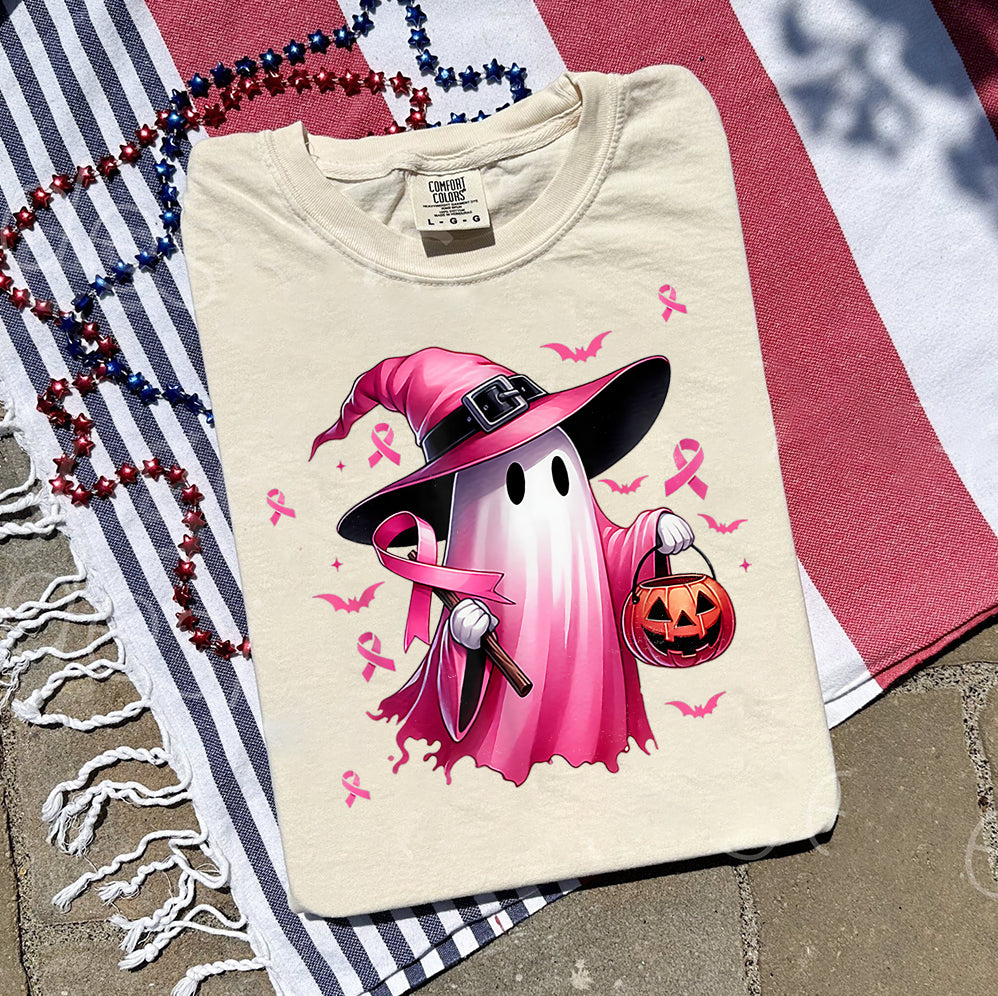 In October We Wear Pink Ghost Shirt, Halloween Tee, Pink Ribbon Shirt, Breast Cancer Awareness Shirt, Retro Cancer Survivor T-Shirt