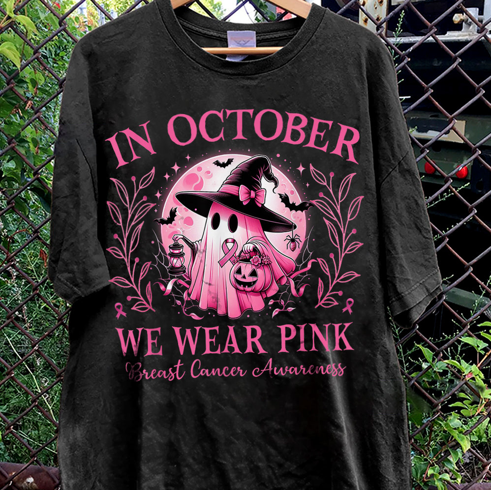 In October We Wear Pink Ghost Shirt, Halloween Tee, Pink Ribbon Shirt V1, Breast Cancer Awareness Shirt, Retro Cancer Survivor T-Shirt