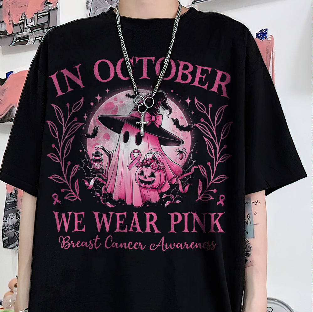 In October We Wear Pink Ghost Shirt, Halloween Tee, Pink Ribbon Shirt V1, Breast Cancer Awareness Shirt, Retro Cancer Survivor T-Shirt