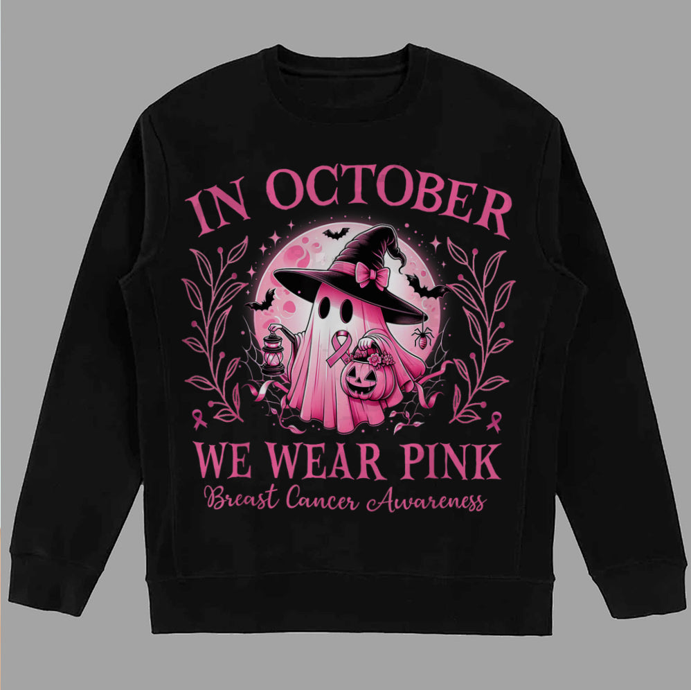 In October We Wear Pink Ghost Shirt, Halloween Tee, Pink Ribbon Shirt V1, Breast Cancer Awareness Shirt, Retro Cancer Survivor T-Shirt
