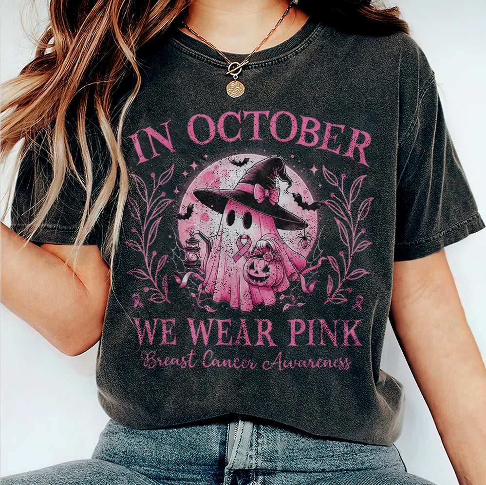 In October We Wear Pink Ghost Shirt, Halloween Tee, Pink Ribbon Shirt V1, Breast Cancer Awareness Shirt, Retro Cancer Survivor T-Shirt