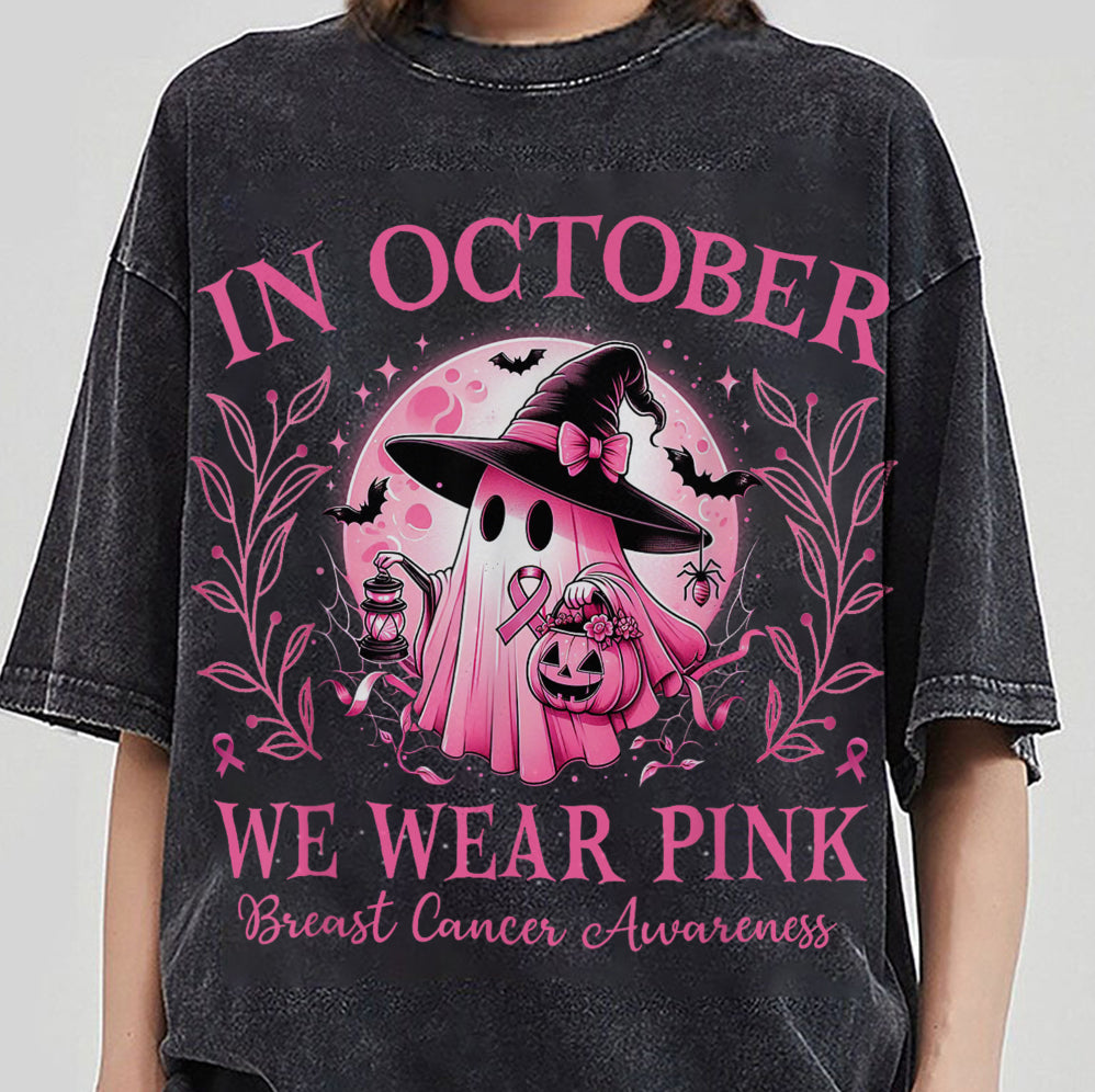 In October We Wear Pink Ghost Shirt, Halloween Tee, Pink Ribbon Shirt V1, Breast Cancer Awareness Shirt, Retro Cancer Survivor T-Shirt