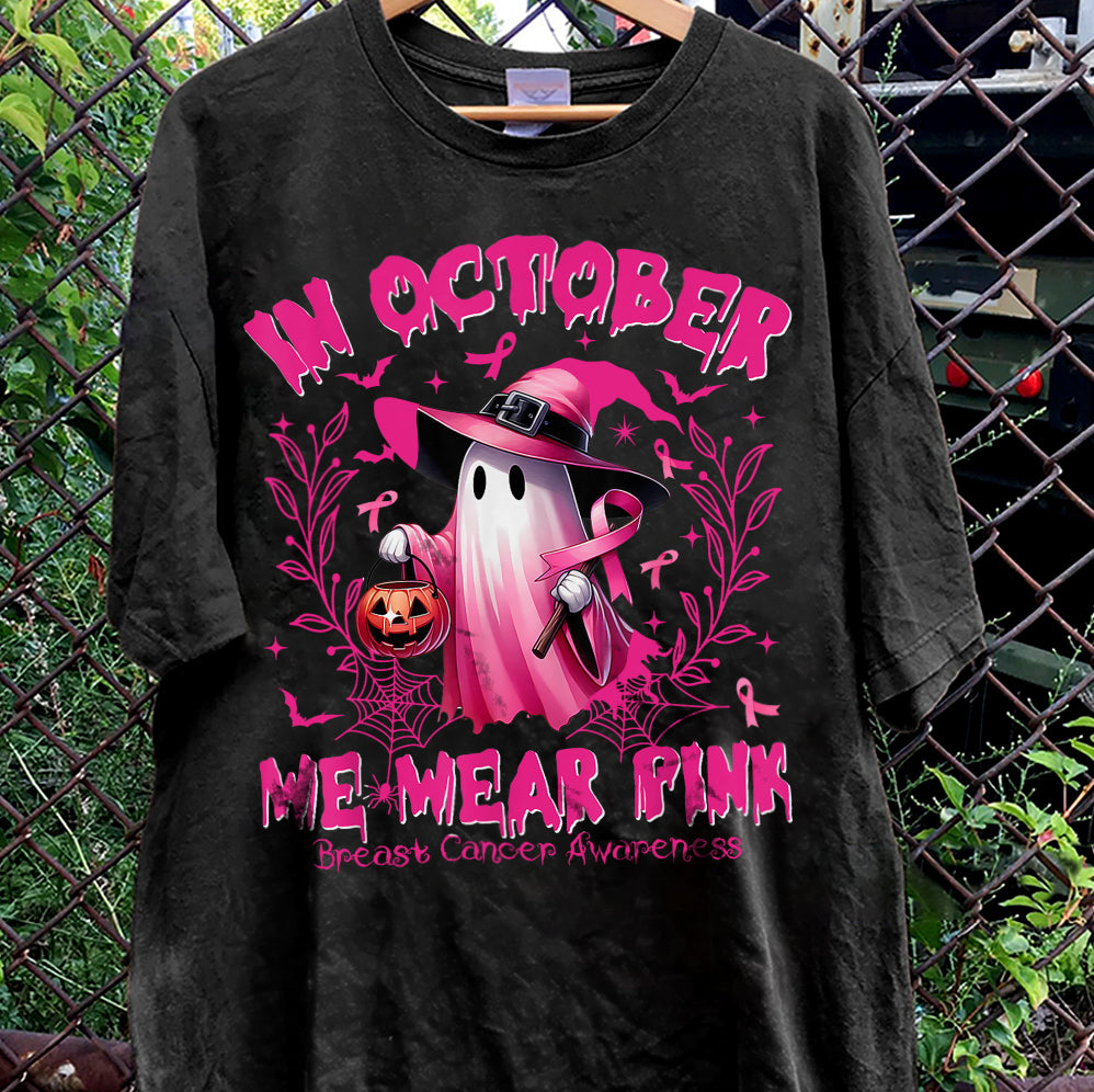 In October We Wear Pink Ghost Shirt, Halloween Tee, Pink Ribbon Shirt v10, Breast Cancer Awareness Shirt, Retro Cancer Survivor T-Shirt