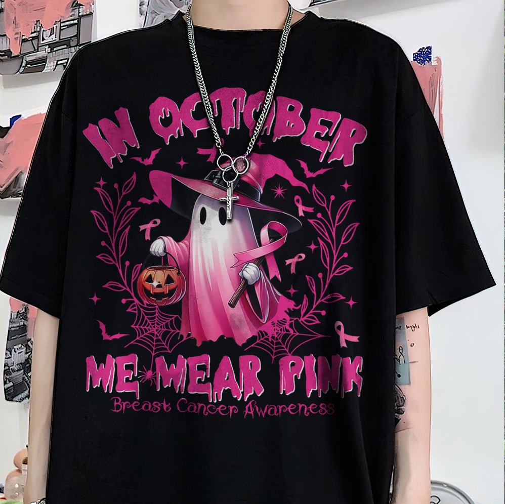 In October We Wear Pink Ghost Shirt, Halloween Tee, Pink Ribbon Shirt v10, Breast Cancer Awareness Shirt, Retro Cancer Survivor T-Shirt
