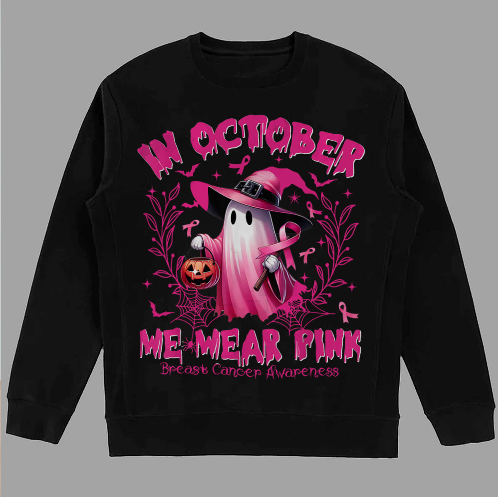 In October We Wear Pink Ghost Shirt, Halloween Tee, Pink Ribbon Shirt v10, Breast Cancer Awareness Shirt, Retro Cancer Survivor T-Shirt
