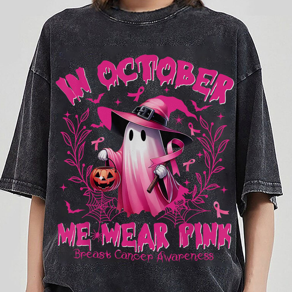 In October We Wear Pink Ghost Shirt, Halloween Tee, Pink Ribbon Shirt v10, Breast Cancer Awareness Shirt, Retro Cancer Survivor T-Shirt