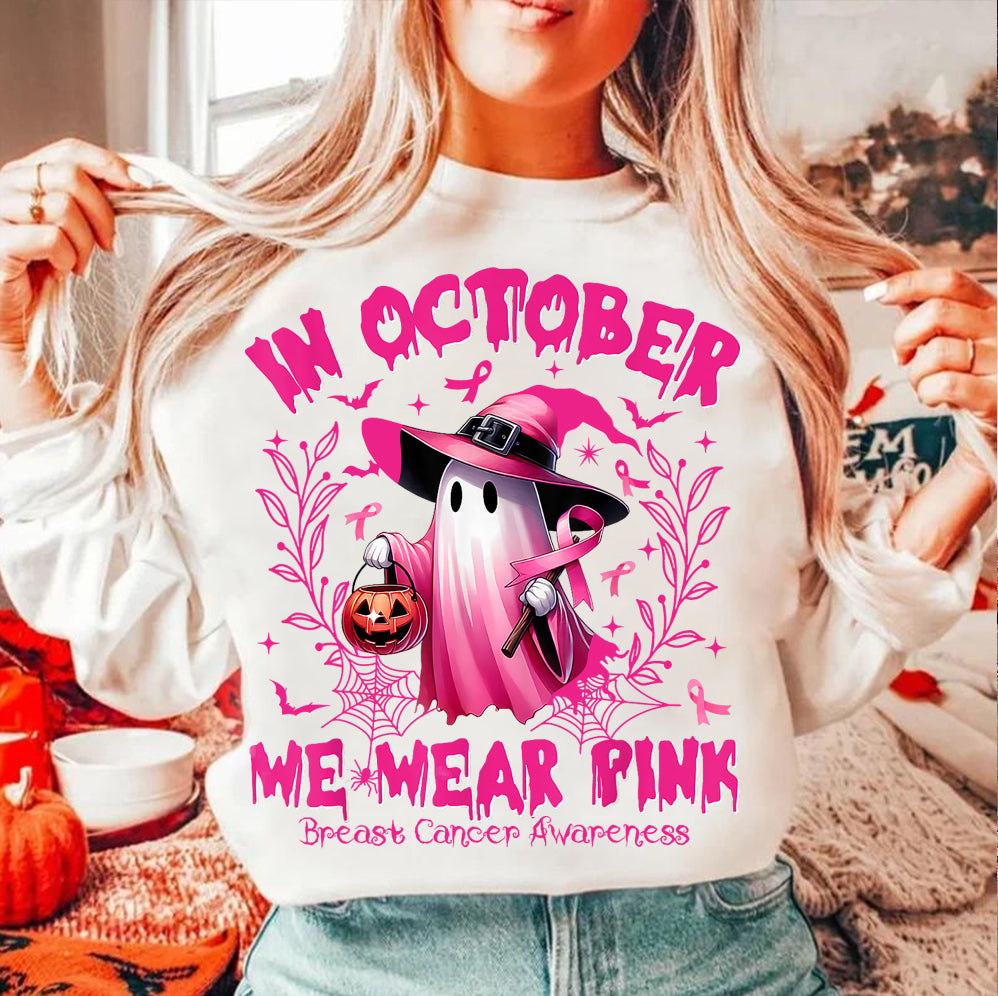 In October We Wear Pink Ghost Shirt, Halloween Tee, Pink Ribbon Shirt v10, Breast Cancer Awareness Shirt, Retro Cancer Survivor T-Shirt