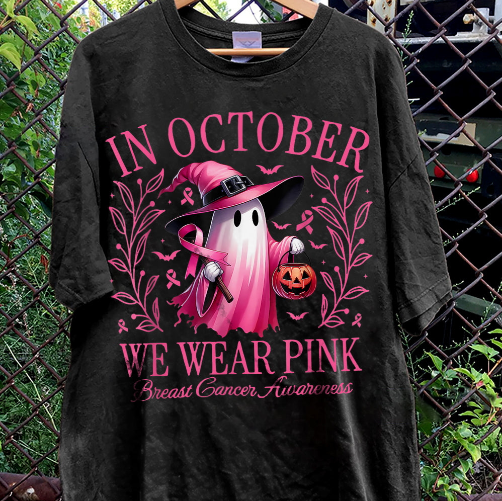 In October We Wear Pink Ghost Shirt, Halloween Tee, Pink Ribbon Shirt V2, Breast Cancer Awareness Shirt, Retro Cancer Survivor T-Shirt