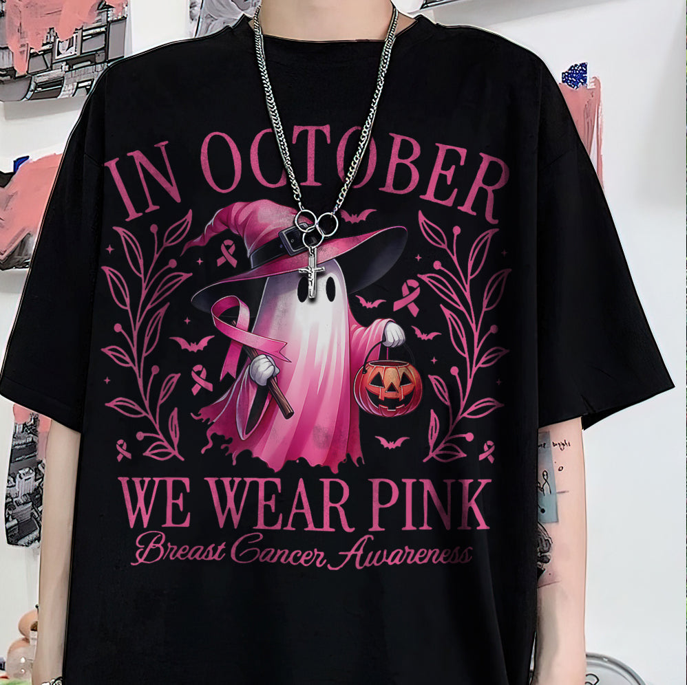 In October We Wear Pink Ghost Shirt, Halloween Tee, Pink Ribbon Shirt V2, Breast Cancer Awareness Shirt, Retro Cancer Survivor T-Shirt