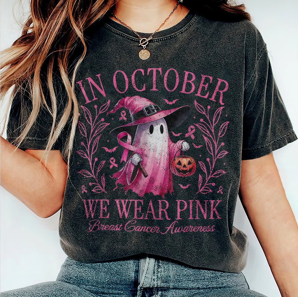 In October We Wear Pink Ghost Shirt, Halloween Tee, Pink Ribbon Shirt V2, Breast Cancer Awareness Shirt, Retro Cancer Survivor T-Shirt