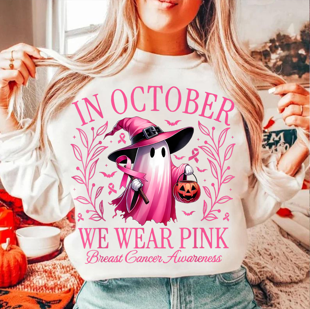 In October We Wear Pink Ghost Shirt, Halloween Tee, Pink Ribbon Shirt V2, Breast Cancer Awareness Shirt, Retro Cancer Survivor T-Shirt