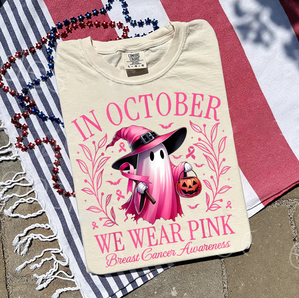 In October We Wear Pink Ghost Shirt, Halloween Tee, Pink Ribbon Shirt V2, Breast Cancer Awareness Shirt, Retro Cancer Survivor T-Shirt