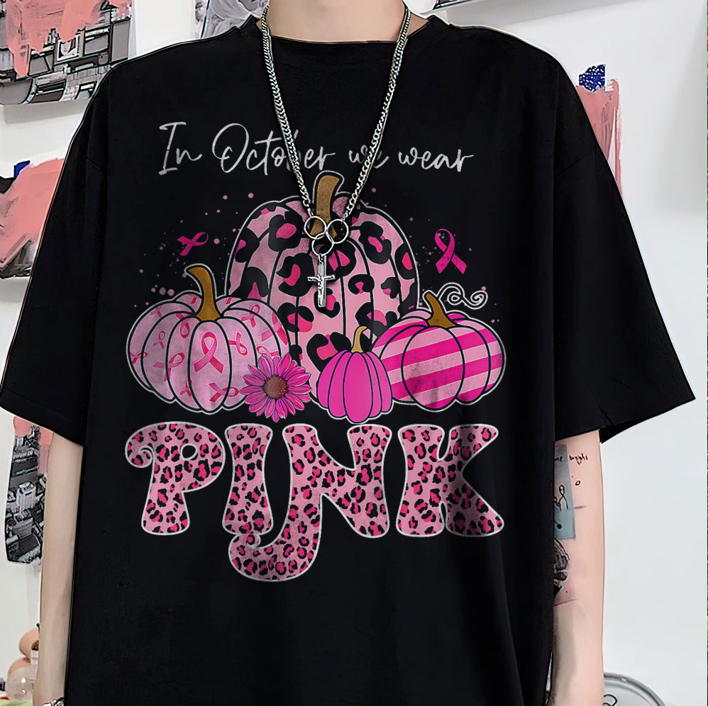In October We Wear Pink Ghost Shirt, Halloween Tee, Pink Ribbon Shirt V3, Breast Cancer Awareness Shirt, Retro Cancer Survivor T-Shirt