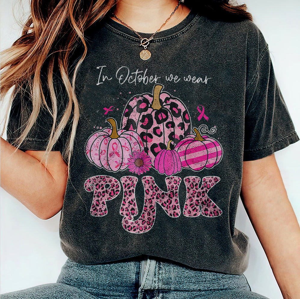 In October We Wear Pink Ghost Shirt, Halloween Tee, Pink Ribbon Shirt V3, Breast Cancer Awareness Shirt, Retro Cancer Survivor T-Shirt