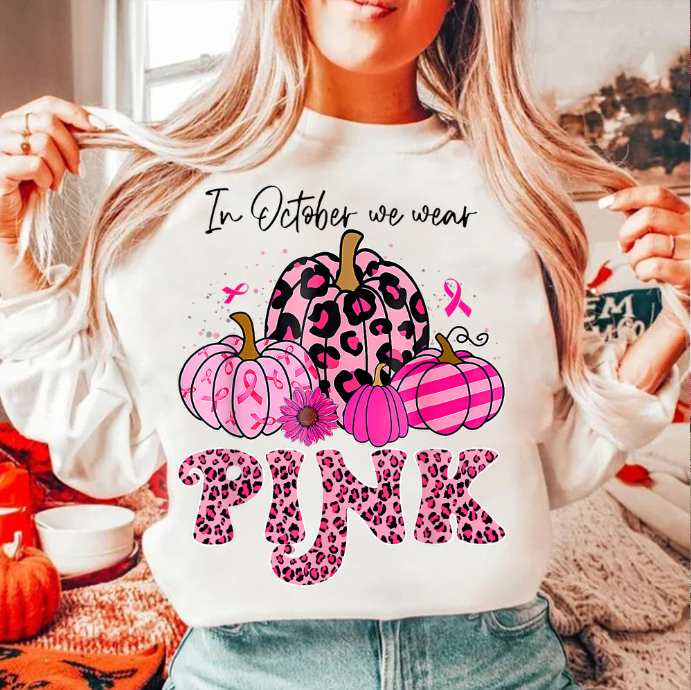 In October We Wear Pink Ghost Shirt, Halloween Tee, Pink Ribbon Shirt V3, Breast Cancer Awareness Shirt, Retro Cancer Survivor T-Shirt