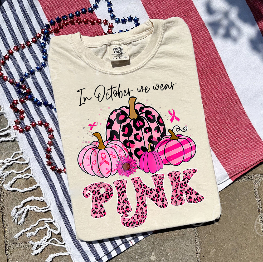 In October We Wear Pink Ghost Shirt, Halloween Tee, Pink Ribbon Shirt V3, Breast Cancer Awareness Shirt, Retro Cancer Survivor T-Shirt