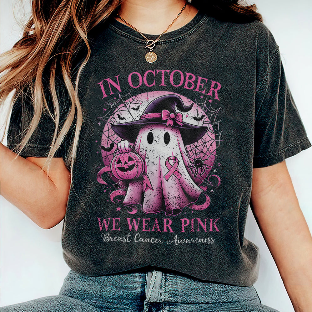 In October We Wear Pink Ghost Shirt, Halloween Tee, Pink Ribbon Shirt V4, Breast Cancer Awareness Shirt, Retro Cancer Survivor T-Shirt