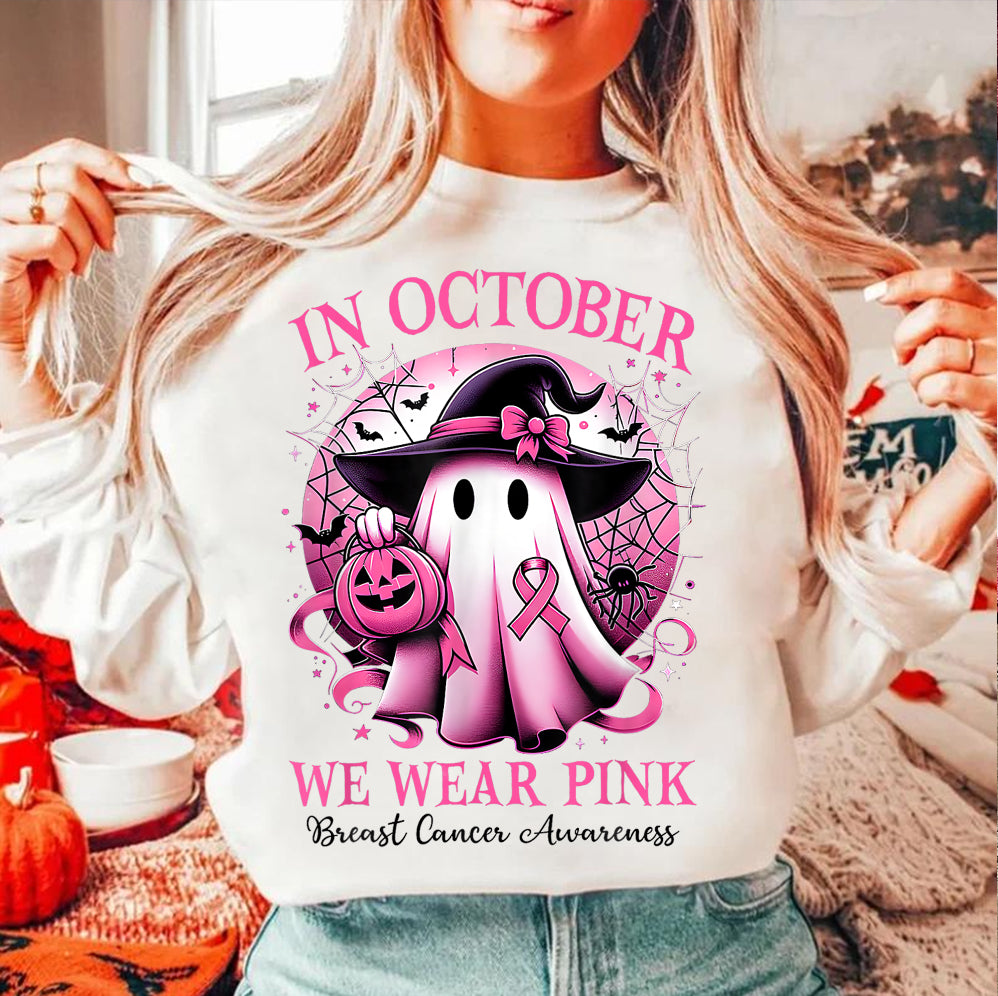 In October We Wear Pink Ghost Shirt, Halloween Tee, Pink Ribbon Shirt V4, Breast Cancer Awareness Shirt, Retro Cancer Survivor T-Shirt