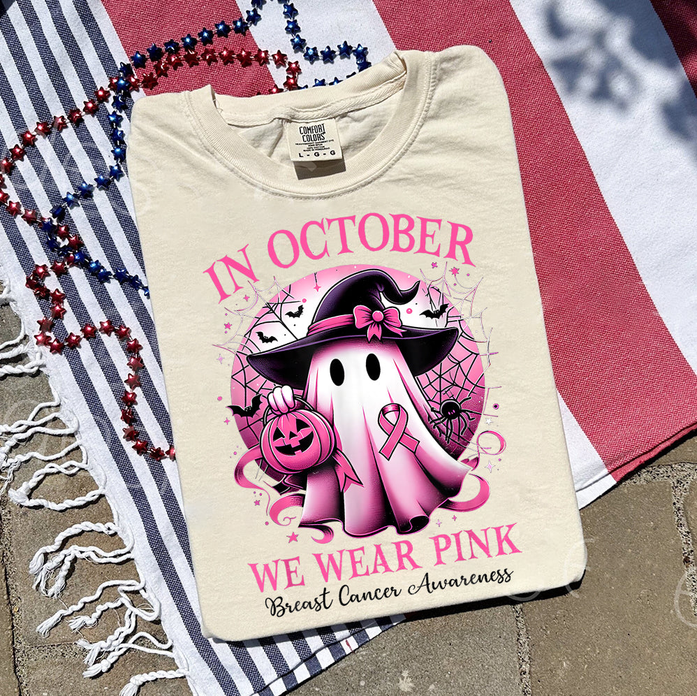 In October We Wear Pink Ghost Shirt, Halloween Tee, Pink Ribbon Shirt V4, Breast Cancer Awareness Shirt, Retro Cancer Survivor T-Shirt