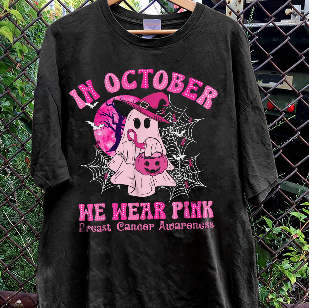 In October We Wear Pink Ghost Shirt, Halloween Tee, Pink Ribbon Shirt V5, Breast Cancer Awareness Shirt, Retro Cancer Survivor T-Shirt